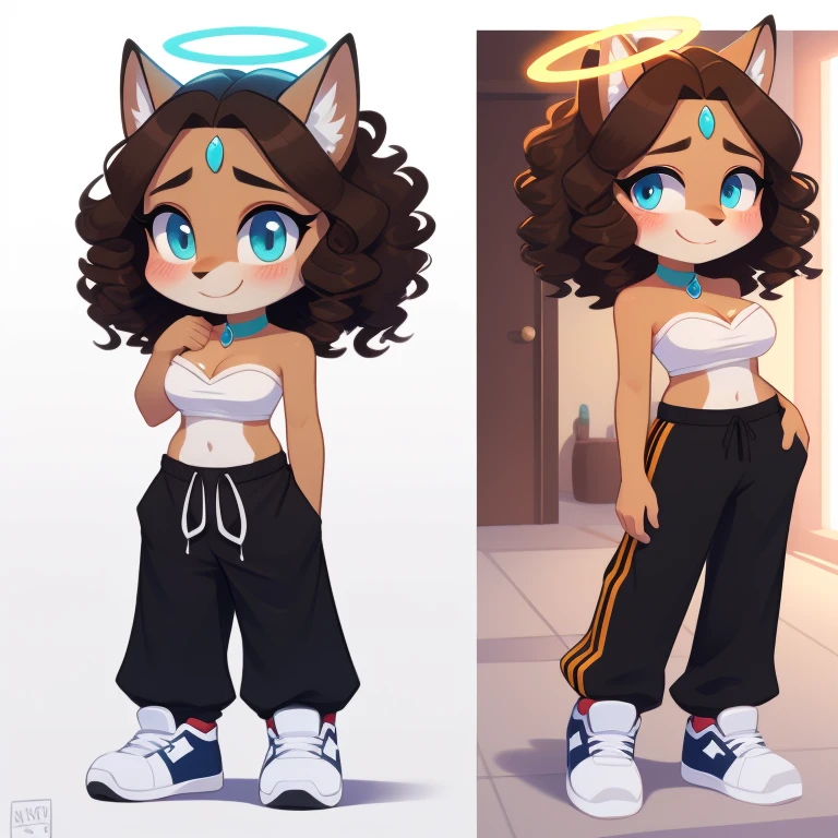 Katara, strapless crop top, baggy pants, high-top sneakers, cleavage, two-tone hair (brown hair, black tip)), curly hair, halo, sunglasses, jewelry, turquoise eyes, longeyelashes, turquoise eyes, smile, shy, blush,