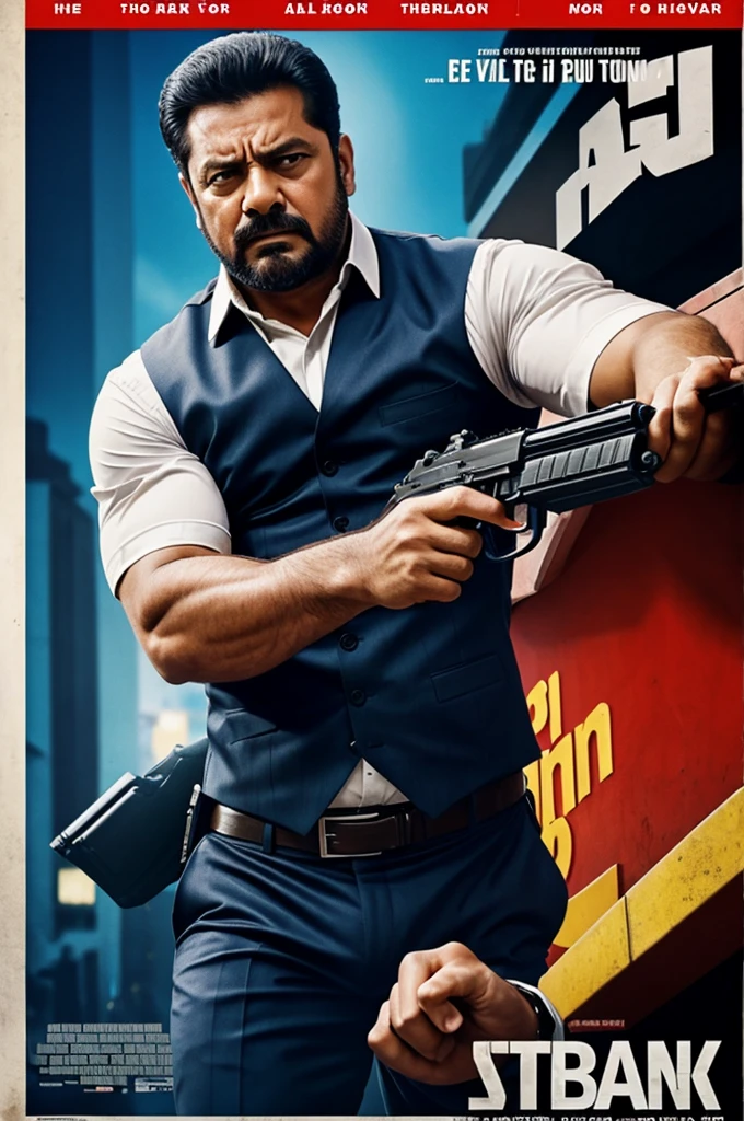 A movie poster one strong man shoot a strong man at bank use pistol
