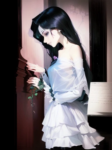 a cartoon image of a woman in a white dress with a rose in her hand, corpse bride art style, nosferatu princess, pale young ghost girl, inspired by Ayako Rokkaku, fanart, inspired by Luigi Kasimir, official fanart, albedo, inspired by Sugimura Jihei, [ digital art ]!!