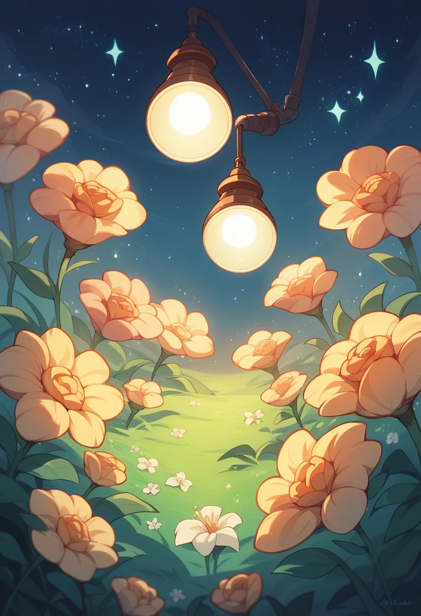 Illustrate a glowing lamp in a field of flowers under a starry sky. Each star should appear to connect to the lamp with strands of twinkling light, creating a magical scene that suggests the fusion of nature and big ideas."

