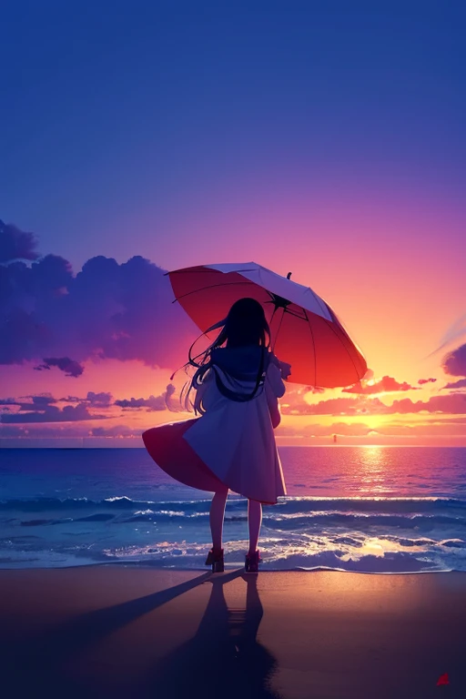 2k, masterpiece, highres, 1 girl, young girl with long, flowing hair blowing in the wind, standing by the sea, umbrella, Mid-ground character, beach, at sunrise. The girl looks out to the sea, holds a colorful umbrella.