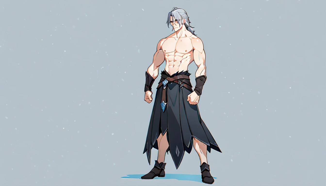 High quality, best quality, high resolution, male, muscular, 2d anime style, topless, like geralt of rivia, full body standing pose