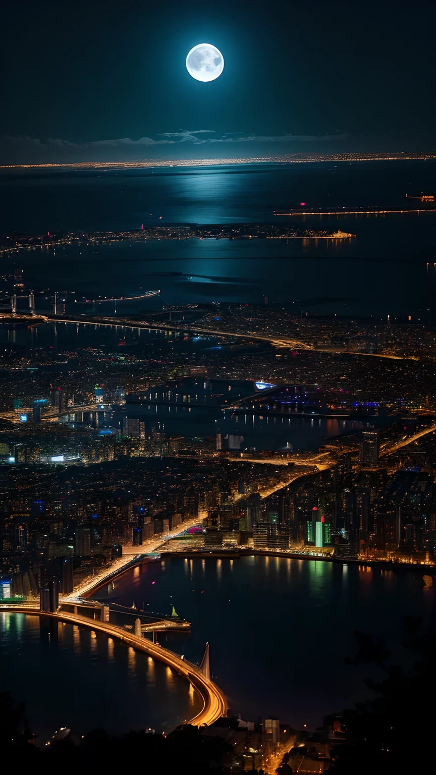 Looking down from above the city,Below is the brightly lit city,night,moon。