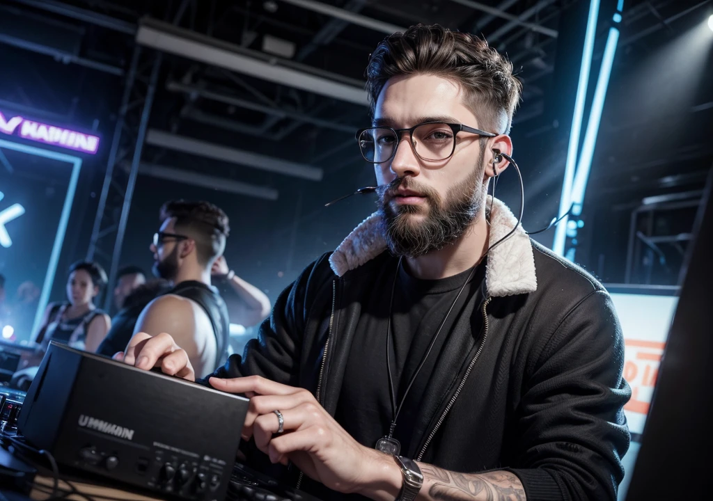 naughty man, with beard, 28 year old DJ, using big headphones, big glasses, putting sound at a rave party, ultrarealistic