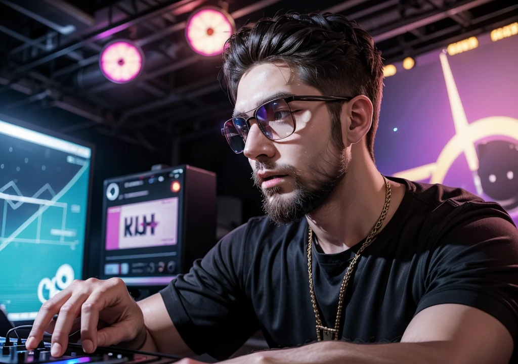 naughty man, with beard, 28 year old DJ, using big headphones, big glasses, putting sound at a rave party, ultrarealistic