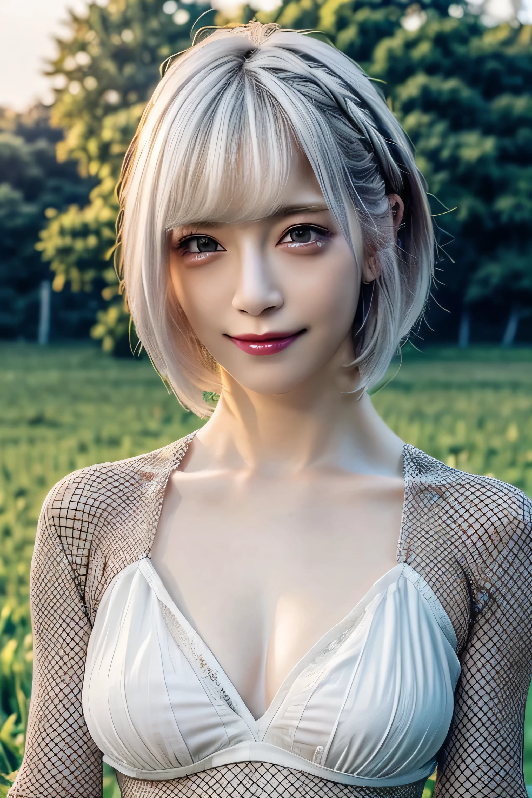 masterpiece, best quality, (realistic,photo-realistic:1.4), (RAW photo:1.2), extremely detailed CG unity 8k wallpaper, delicate and beautiful, amazing,finely detail, official art, absurdres, incredibly absurdres, huge filesize, ultra-detailed,extremely detailed eyes and face,light on face,(little smile:1.3),reona,(white hair:1.4),(short hair:1.4),potrait,(medium breast:1.3),(grass field background:1.4),(weaRing fishnetm:1.5),navel