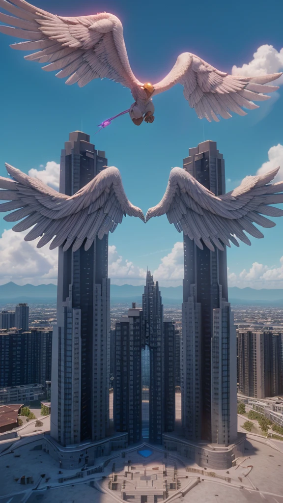 a heart with wings, 3D, real engine 6, building setting with a sky background. 32k, UHD, cinematic chromatic, cinematic lighting, global illumination, chromatic light, photorealistic, ultra detailed, iluminación onírica, photorealistic , ultra photoreal