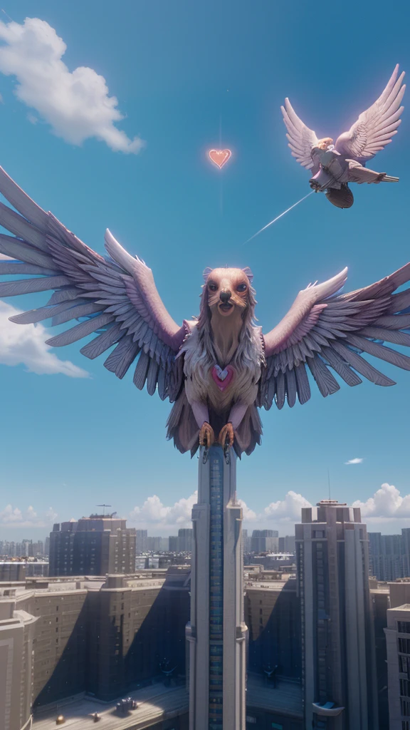 a heart with wings, 3D, real engine 6, building setting with a sky background. 32k, UHD, cinematic chromatic, cinematic lighting, global illumination, chromatic light, photorealistic, ultra detailed, iluminación onírica, photorealistic , ultra photoreal