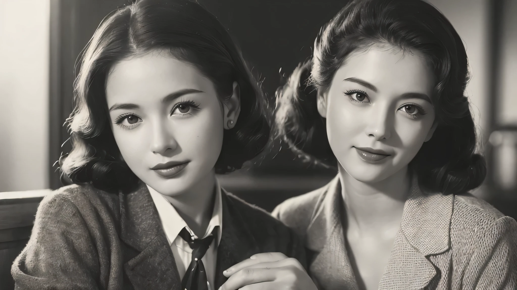 (1940s women:1.3), (1women:1.3), smile shyly, (highly detailed face), (extremely detailed beautiful face), (Early Showa hairstyle, retro hairstyle, 1940 fashionable clothing, oldies fashion:1.3), (Best Quality:1.4), (Ultra-detailed), extremely detailed CG unified 8k wallpaper, Realistic portrait, Beautiful detailed, High-definition raw color photos, professional photography, (fine face:1.2), focus on women, (oldies, oldies songs, Old photos, retro photos, sepia photos, black and white photos, valuable photos that give you a sense of the times), A scene from a retro movie