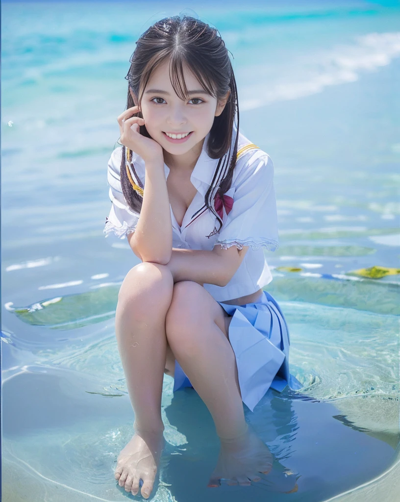(NFSW)、(High resolution:1.5)、Highest quality,Very detailed,masterpiece,Super detailed,alone,(One 12 year old girl with big boobs),((Summer School Uniforms:1.5)), Seraphim, ((skirt:1.5)), smile, Thigh fetish images: 1.5、(((barefoot)))、(Her thighs and white bikini reflected in the clear blue water)、(reflected in water:1.5)、((I can see the white string panties:1.5))、(Cleavage)、((Clear blue seawater))、Summer sun、はしゃいだsmile、Beautiful Eyes、(pull-out-panties)、(Panties on knees)、The water is marine blue、(((Glossy thighs)))、((Creative and random outfits))