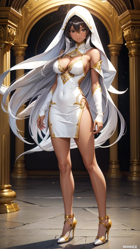 White long hair dark skin woman，hood，white persian clothing，cleavage，Bare arms，Bare Legs，high heels，Standing，persian palace