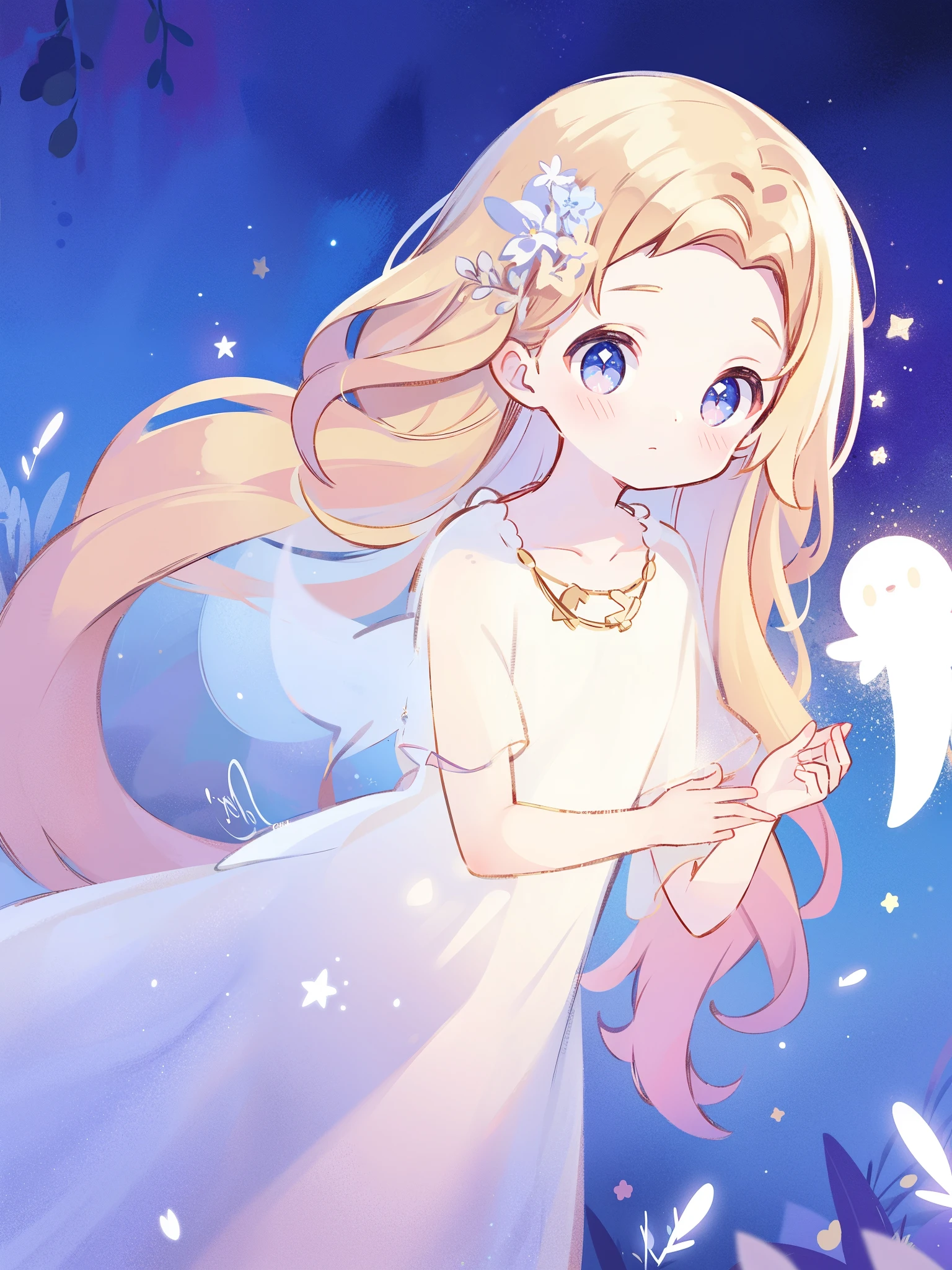 angel girl wearing an ethereal translucent dress, pale skin and light pink hair, white feathers, angel wings, sparkling detailed eyes, golden ratio face, perfect composition, highly detailed, ethereal, (starry night sky background), midjourney style
