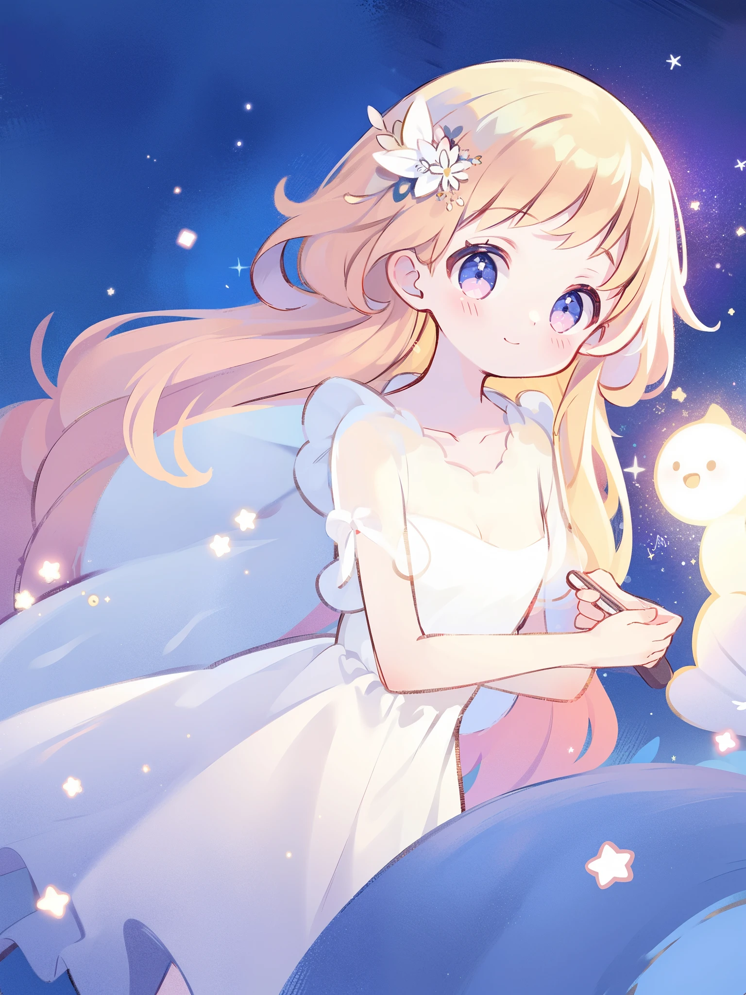 angel girl wearing an ethereal translucent dress, pale skin and light pink hair, white feathers, angel wings, sparkling detailed eyes, golden ratio face, perfect composition, highly detailed, ethereal, (starry night sky background), midjourney style