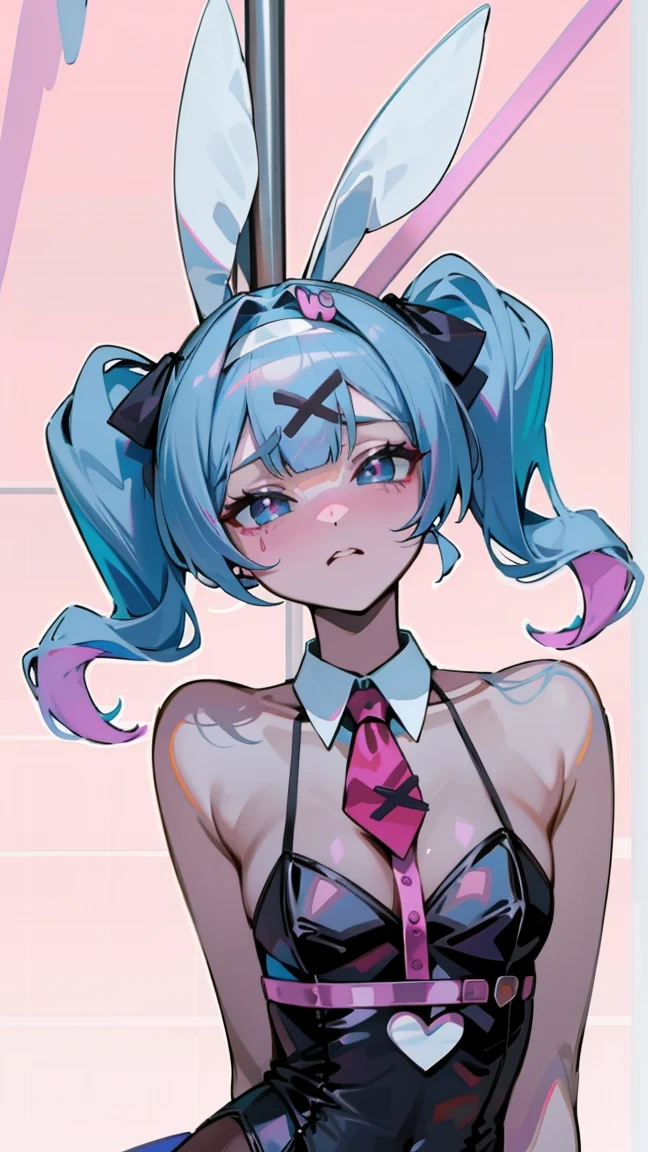 hatsune miku, hair ornament, blue hair, rabbit ears, playboy bunny, twintails, bangs, leotard, blue eyes, x hair ornament, detached collar, pink background, simple background,, (masterpiece, best quality, high quality, highres, ultra-detailed)아름다움 엉덩이,