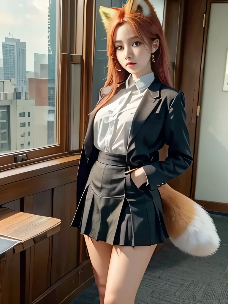 ((Highest quality, 32k)), ((masterpiece)), (Familiar), Perfect Face, pretty girl, In the office of a high-rise building, She has a bushy tail, (She has one tail of a red fox.:1.3), She stands up her fluffy tail, Beautiful hip line, Small breasts, She wears a business suit, A large tail sticks out, Climbing on all fours, Slender body, She looks shyly at her tail, Her tail pushes up her skirt、Revealing white panties, (A single red fox tail protrudes from the hem of her skirt..:1.4), Embarrassed face