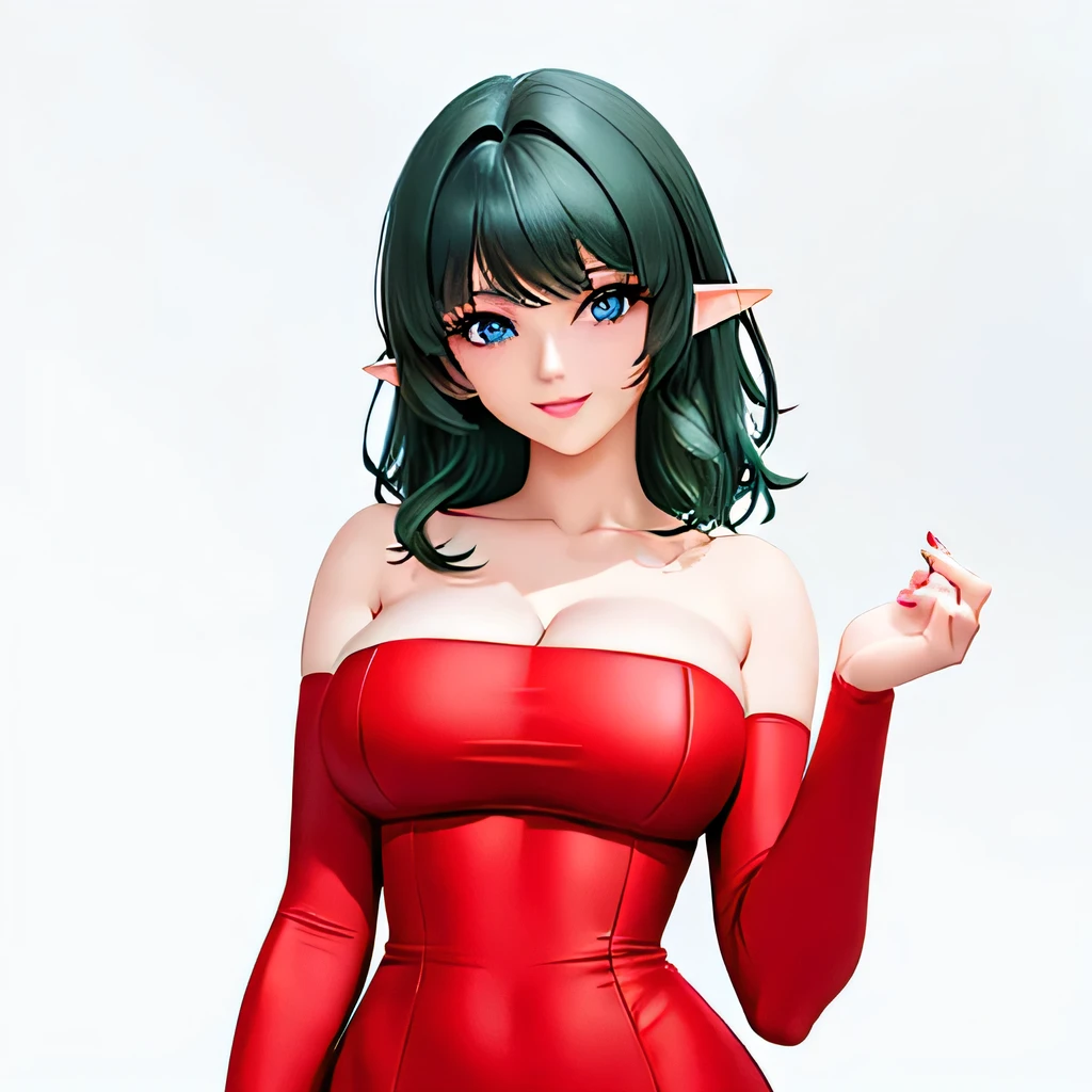  (masterpiece,best quality,ultra-delicate,Perfect Face,16k,high resolution,very beautiful girl),Medium short deep green hair:1.2, Red strapless bodycon tube dress ,Red long arm sleeves,Elf Girl,((gigantic Breasts)),blue eyes,Beautiful smile,20 years old,