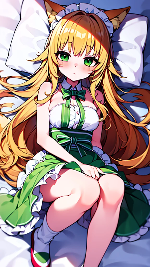 1girl, full body shot, from below, ((Chiffon from maimai, cosplay)), sleeveless, topless, blonde, Cat ears, green eyes, fox tale, blush, nose blush, lying on bed,  (Green maid outfit, Cream white apron),  (best quality, masterpiece,)