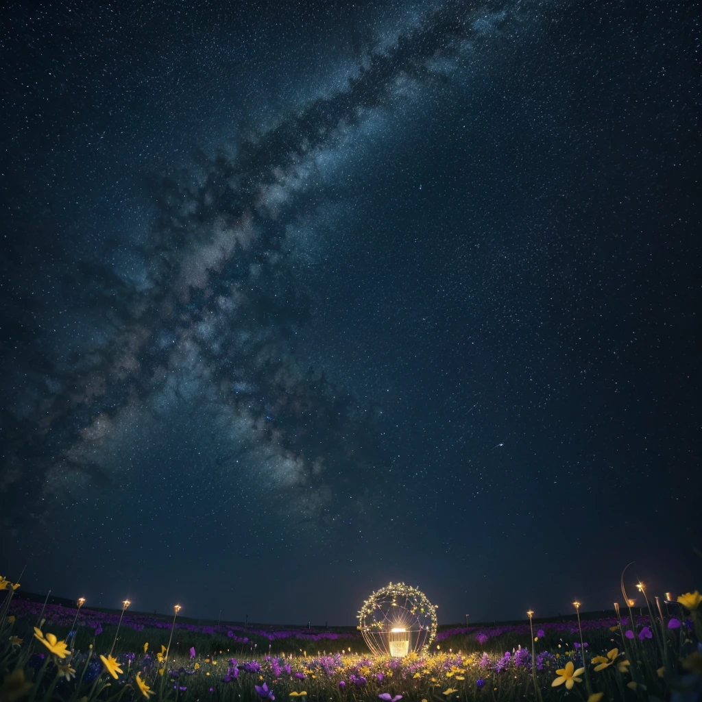 Illustrate a glowing lamp in a field of flowers under a starry sky. Each star should appear to connect to the lamp with strands of twinkling light, creating a magical scene that suggests the fusion of nature and big ideas."