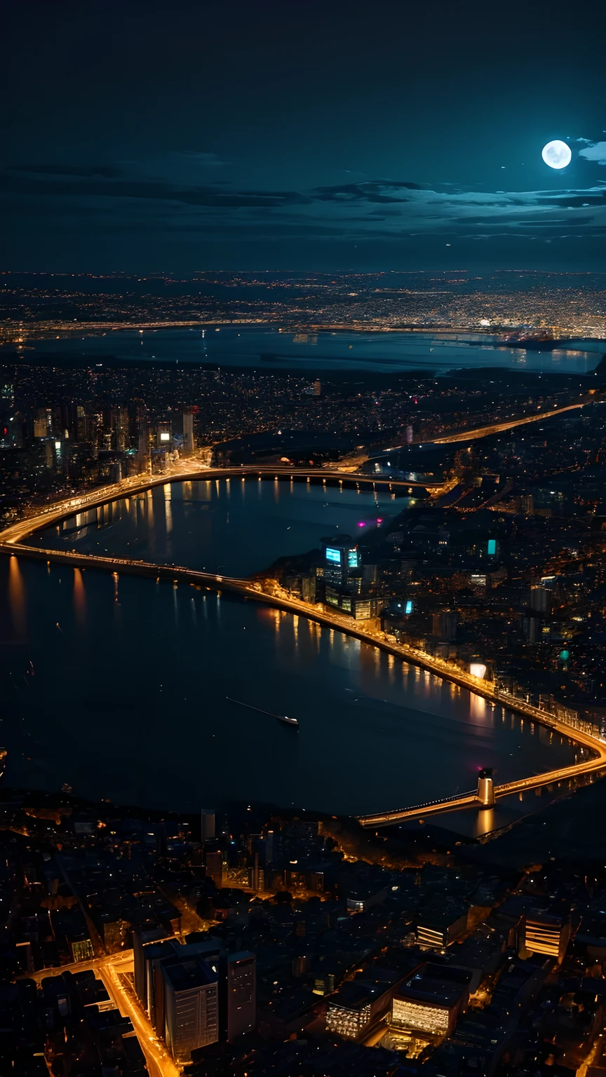Looking down from above the city,Below is the brightly lit city,night,moon。