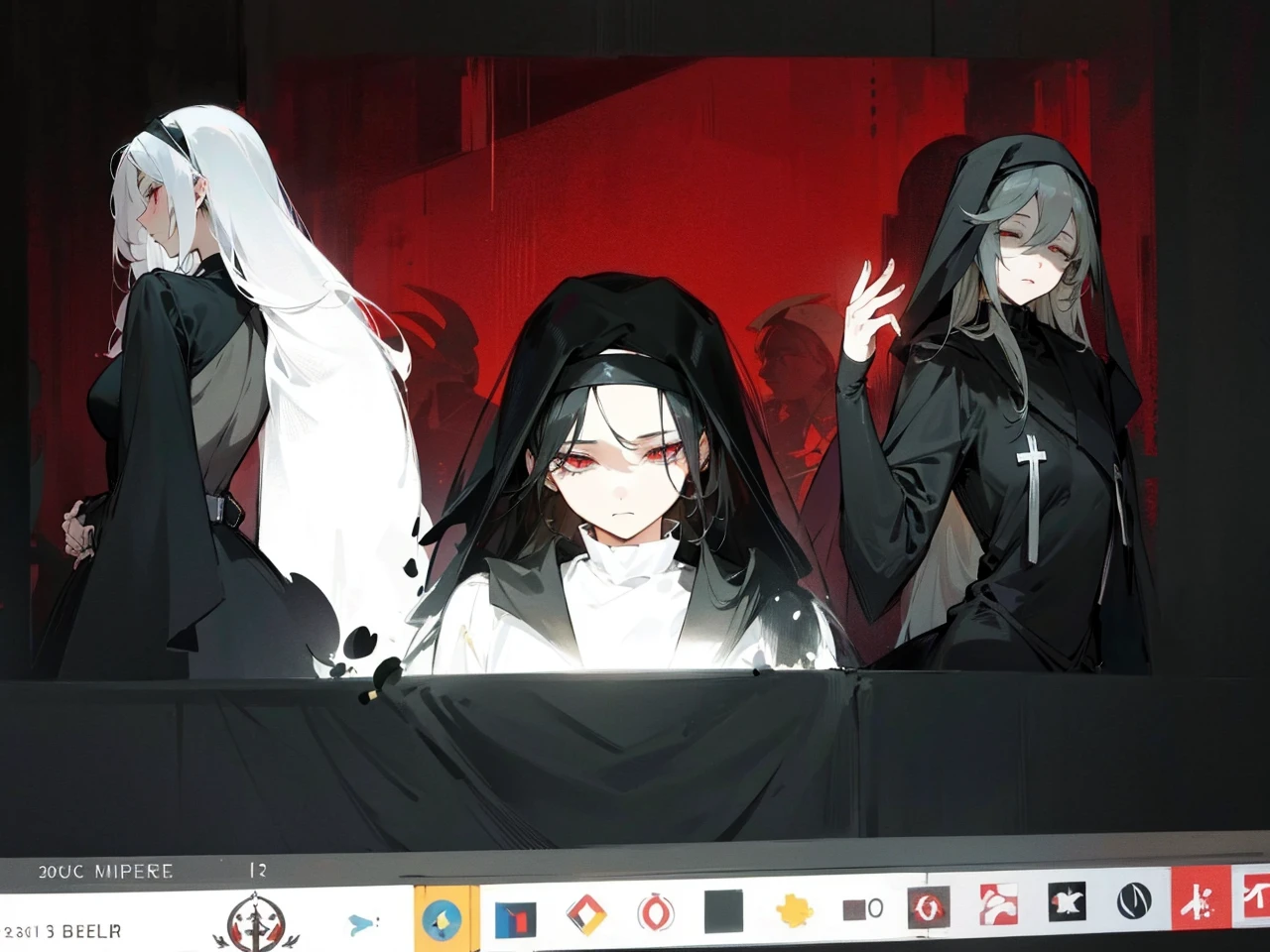 Make an anime poster, has 4 women in it, on the left side a classy dressed beauty with only the colors red and white, has an angelic presence but a demonic personality, she wears a hat on her head and a long mature gown. On the middle, a millitary general with black and white hair, and a blindfold covering her eyes. Behind her in the back, a woman faded in the background, only her eyes red Phoenix can be seen. Finally at the very right side a nun with a blindfold and a church nun fantasy black dress, holding her hands together symbolizing a prayer gesture.