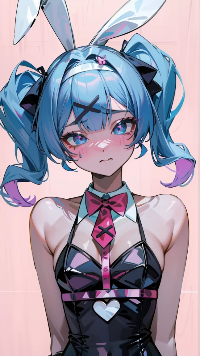 hatsune miku, hair ornament, blue hair, rabbit ears, playboy bunny, twintails, bangs, leotard, blue eyes, x hair ornament, detached collar, pink background, simple background,, (masterpiece, best quality, high quality, highres, ultra-detailed),다리꼬기, 