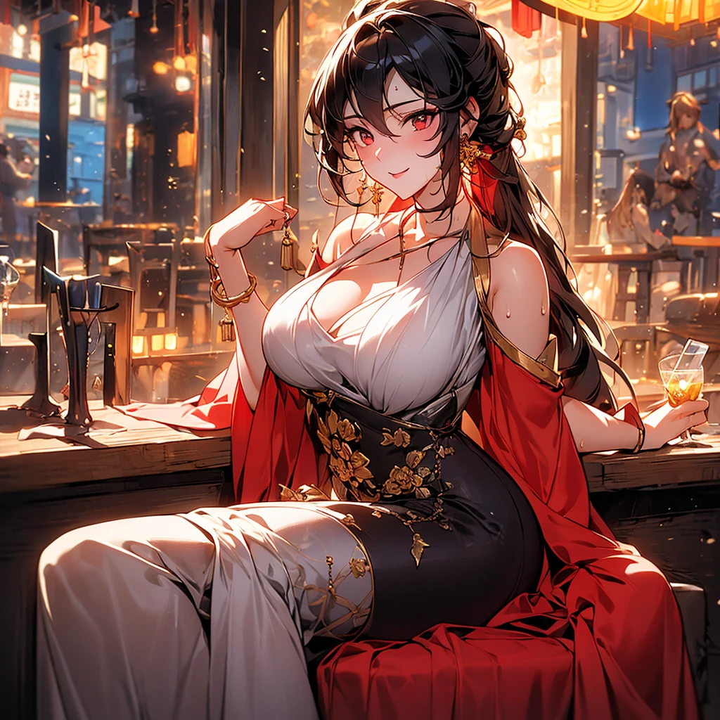 Anime style painting, An illustration, liquor, Woman sitting at a bar drinking a cocktail, 背景の棚には多彩な色のliquor瓶が並んでいる, Quiet bar, Calm expression, Perfect hands, elder, Red Hair, The dignity of a 50-year-old, ほろ酔いのwoman, solo、(Highly detailed background:1.0)、(Highly detailed background:1.0)、masterpiece、Highest quality、(Babes)、Fractal Art、Red eyes、Narrow eyes、Black and red dress, Reddish lips、From the shoulders up、smile、One Woman、Red long ponytail, Curly Hair, Red eyes,Golden accessories, solo, Big Breasts, woman, Take-out, Provocative laughter,40 year old woman,Queen of Sadism, Highly detailed background, Perfect Human Medicine, Sweat,