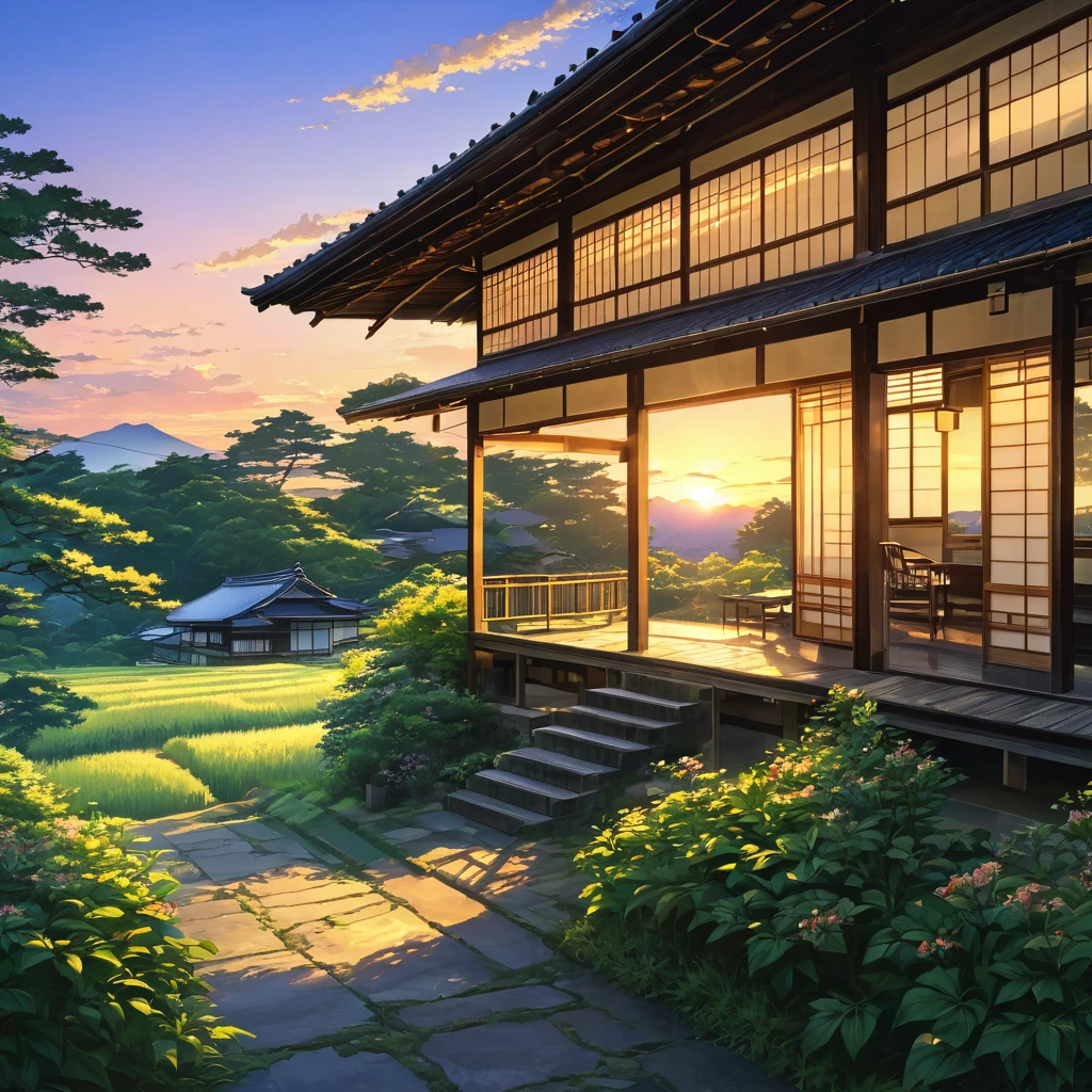 Japanese countryside, Old House, Veranda, Summer vacation, At dusk, sunset, The Cicada&#39;s Cry, tatami, Shoji screen, Verandaの木目, garden, wind chimes, Fan, Summer Traditions, Nostalgic, Nostalgic scenery, Sunlight filtering through the trees, lush nature, Silence, Digital interface, Futuristic Technology, 光るwind chimes, Fusion of nature and technology, Photorealistic, Art Station Quality, High resolution, Detailed texture, 8K, Concept Art, Instagram Post