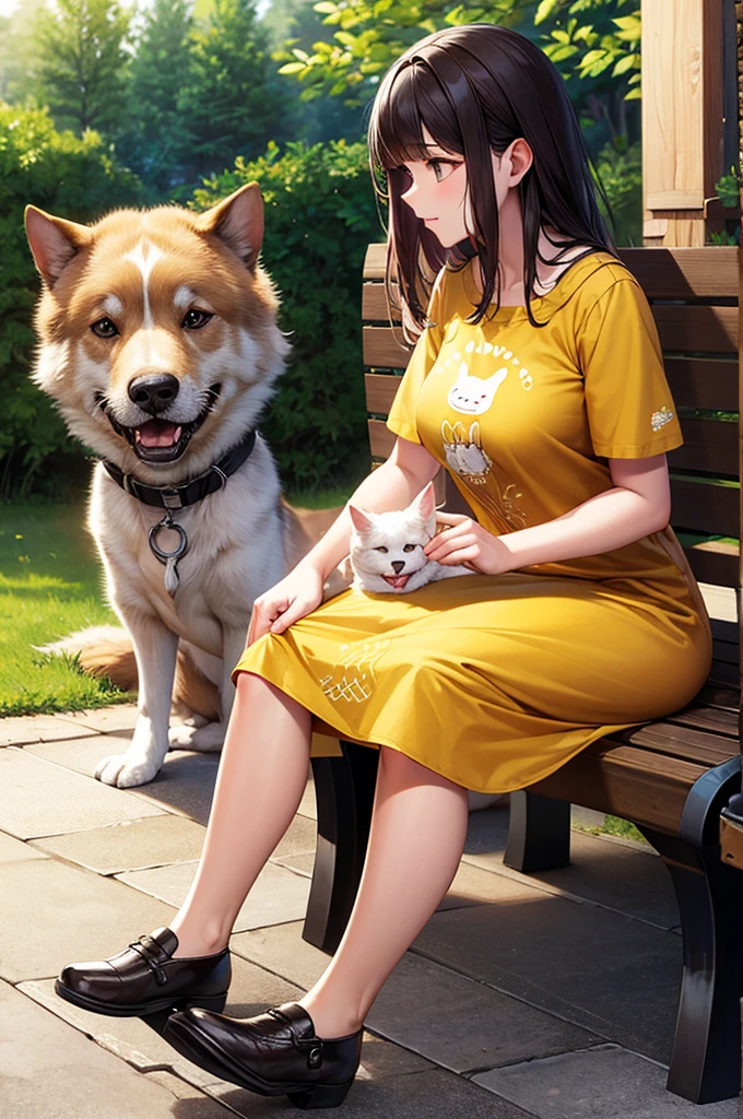 Highest quality, A woman was sitting on a bench , summer_dress, dogs printed in the dress
