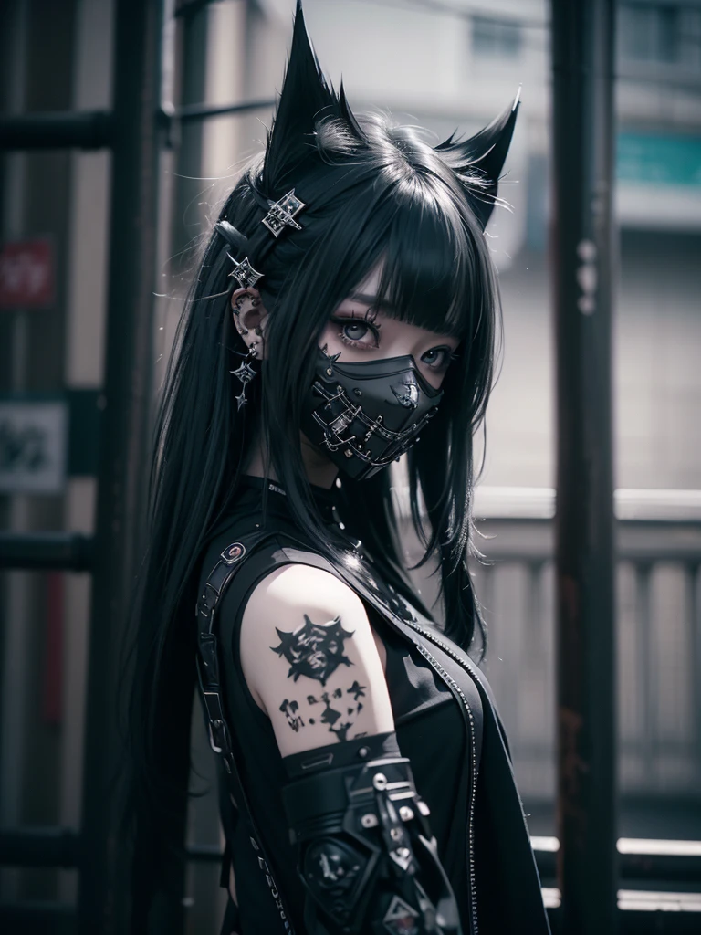 Highest quality、8K、masterpiece:1.3、Gothic Punk、The inside color is red、Black-haired、hair ornaments、Beautiful girl、creative、Dark Fantasy Style、Neogoth、Goth Fashion:1.2、High resolution、masterpiece、Highest quality、頭w:1.3、((Hasselblad Photos))、Fine skin、Sharp focus、(Cinematic lighting)、Realistic textured hair、((Black Mask)),Esbian all over、((View from below))