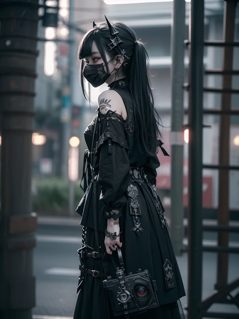 Highest quality、8K、masterpiece:1.3、Gothic Punk、The inside color is red、Black-haired、hair ornaments、Beautiful girl、creative、Dark Fantasy Style、Neogoth、Goth Fashion:1.2、High resolution、masterpiece、Highest quality、頭w:1.3、((Hasselblad Photos))、Fine skin、Sharp focus、(Cinematic lighting)、Realistic textured hair、((Black Mask)),Esbian all over、((View from below))