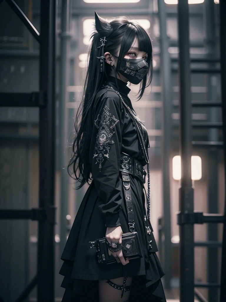 Highest quality、8K、masterpiece:1.3、Gothic Punk、The inside color is red、Black-haired、hair ornaments、Beautiful girl、creative、Dark Fantasy Style、Neogoth、Goth Fashion:1.2、High resolution、masterpiece、Highest quality、頭w:1.3、((Hasselblad Photos))、Fine skin、Sharp focus、(Cinematic lighting)、Realistic textured hair、((Black Mask)),Esbian all over、((View from below))