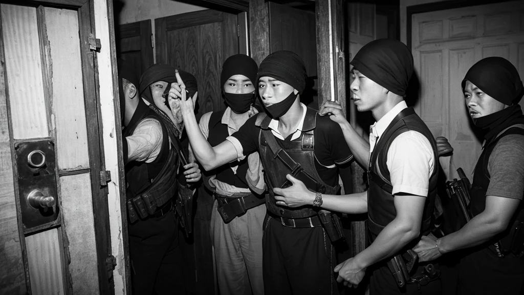 1930s, monochrome photography, A group of terrorists in Southeast Asia, Robbers breaking into a safe, mouth and nose covered with a black bandana, 32K, Best quality, Masterpiece, super detail, High Details,