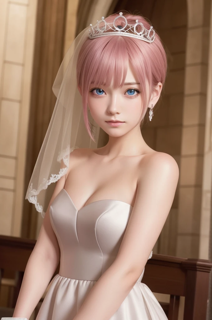 ichikanakano, ichika nakano, short hair, bangs, blue eyes, hair between eyes, pink hair, earrings,
BREAK gloves, dress, cleavage, bare shoulders, collarbone, elbow gloves, white gloves, white dress, strapless, tiara, veil, strapless dress, wedding dress, bridal veil,
BREAK indoors, church,
BREAK looking at viewer, BREAK (masterpiece:1.2), best quality, high resolution, unity 8k wallpaper, (illustration:0.8), (beautiful detailed eyes:1.6), extremely detailed face, perfect lighting, extremely detailed CG, (perfect hands, perfect anatomy),