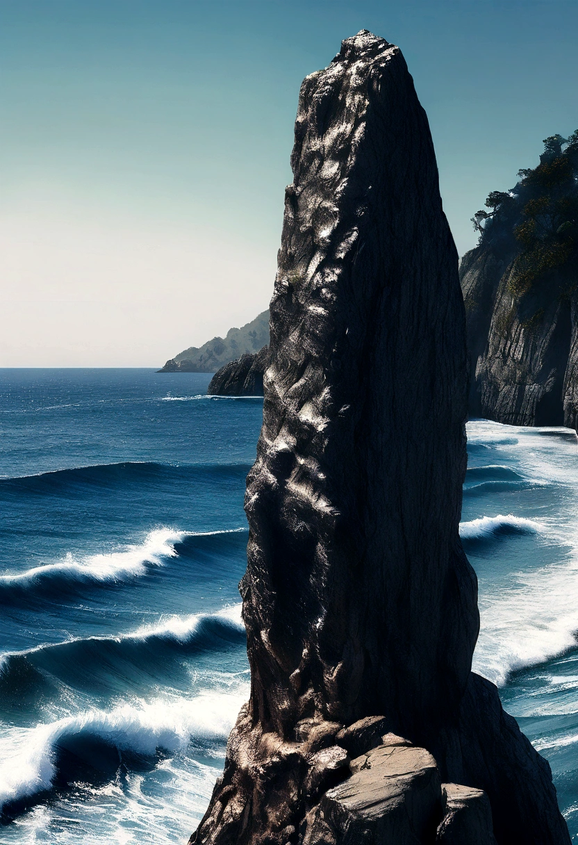 Photorealism, photorealistic. Hinata Hyuga from the anime "NARUTO". standing upright on a large rock. Very detailed and very realistic. Calm sea waves background