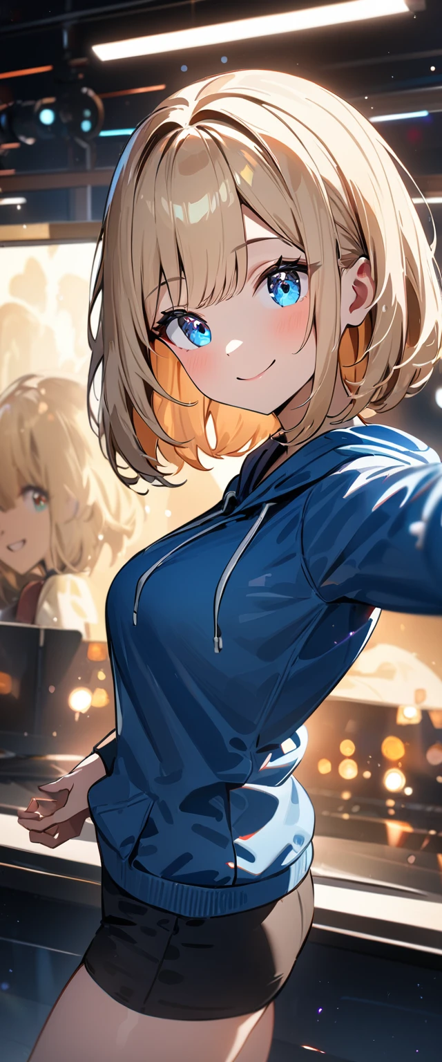 (((One girl))), blond hair, bob cut, (upper body), (looking at viewer), breasts, ager, head tilt:1.3, (((blue eye))), (from side), selfie, reaching, ((happy smile)), black hoodie, black shorts:1.3, anime style, (best quality, 4k, 8k, highres, masterpiece:1.2, ultra-detailed, ultra-detailed eyes, HDR, UHD, studio lighting, ultra-fine painting, sharp focus, physically-based rendering, extreme detail description, professional, vivid colors, bokeh)