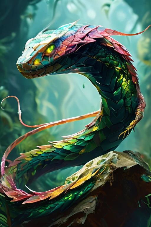 feather winged flying serpent, rainbow scales, sharp fangs, molten green eyes, looming "above" a rainforest, highly detailed, cinematic lighting, hyper realistic, 8k, award winning digital art, stunning composition, photorealistic, vibrant colors, dramatic lighting, intricate details, fantastical creature, lush environment, awe-inspiring, majestic, masterpiece ((full body)) ((NO Legs)) legless serpent 
