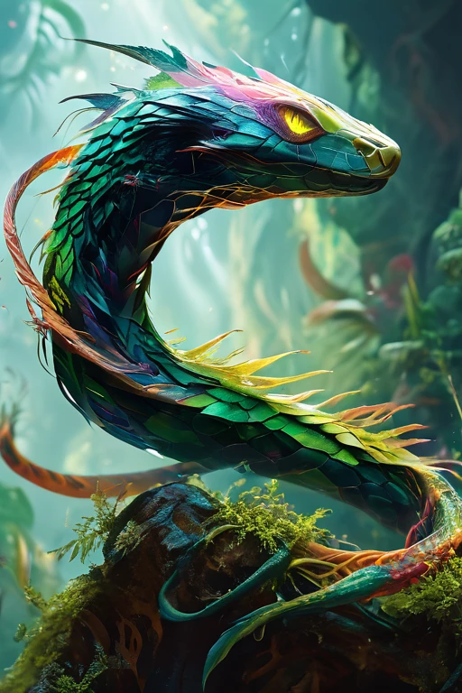 feather winged flying serpent, rainbow scales, sharp fangs, molten green eyes, looming "above" a rainforest, highly detailed, cinematic lighting, hyper realistic, 8k, award winning digital art, stunning composition, photorealistic, vibrant colors, dramatic lighting, intricate details, fantastical creature, lush environment, awe-inspiring, majestic, masterpiece ((full body)) ((NO Legs)) legless serpent 
