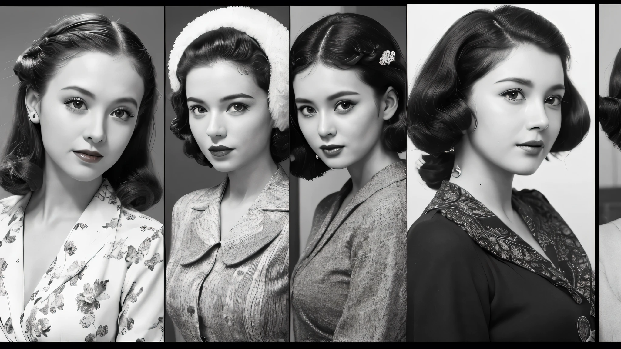 (1940s women:1.3), (1women:1.3), smile shyly, (highly detailed face), (extremely detailed beautiful face), (Early Showa hairstyle, retro hairstyle, 1940 fashionable clothing, oldies fashion:1.3), (Best Quality:1.4), (Ultra-detailed), extremely detailed CG unified 8k wallpaper, Realistic portrait, Beautiful detailed, High-definition raw color photos, professional photography, (fine face:1.2), focus on women, (oldies, oldies songs, Old photos, retro photos, sepia photos, black and white photos, valuable photos that give you a sense of the times), A scene from a retro movie