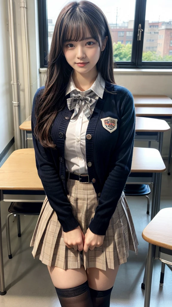 masterpiece, best quality, illustration, Super detailed, fine details, High resolution, 8K,wall paper, perfect dynamic composition,(Details High quality, realistic depiction of eyes:1.3), High School Classroom、High school girl uniform、Cardigan、Super Short Check Uniform Skirt、Navy blue high socks、garterbelts、Colossal tits、Disturbed uniform、wavy hair, black hair color, Big Natural Color Lip, bold sexy pose, (perfect body shape), crying a little、Harajuku style、20 year old girl、cute type, beautiful legs, hposing Gravure Idol, Voluptuous thighs