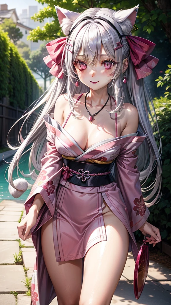 Silver hair, pink eyes, body, cat ears, sexy girl, earrings, nature background, hair bows, mitsuri, red pink kimono, bells necklace, pet cats, happy face