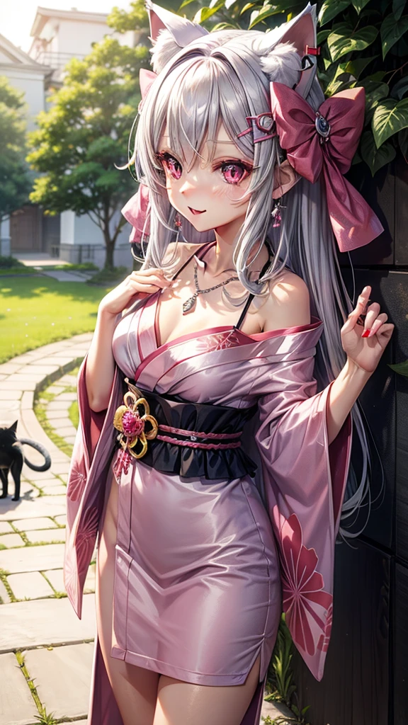 Silver hair, pink eyes, body, cat ears, sexy girl, earrings, nature background, hair bows, mitsuri, red pink kimono, bells necklace, pet cats, happy face