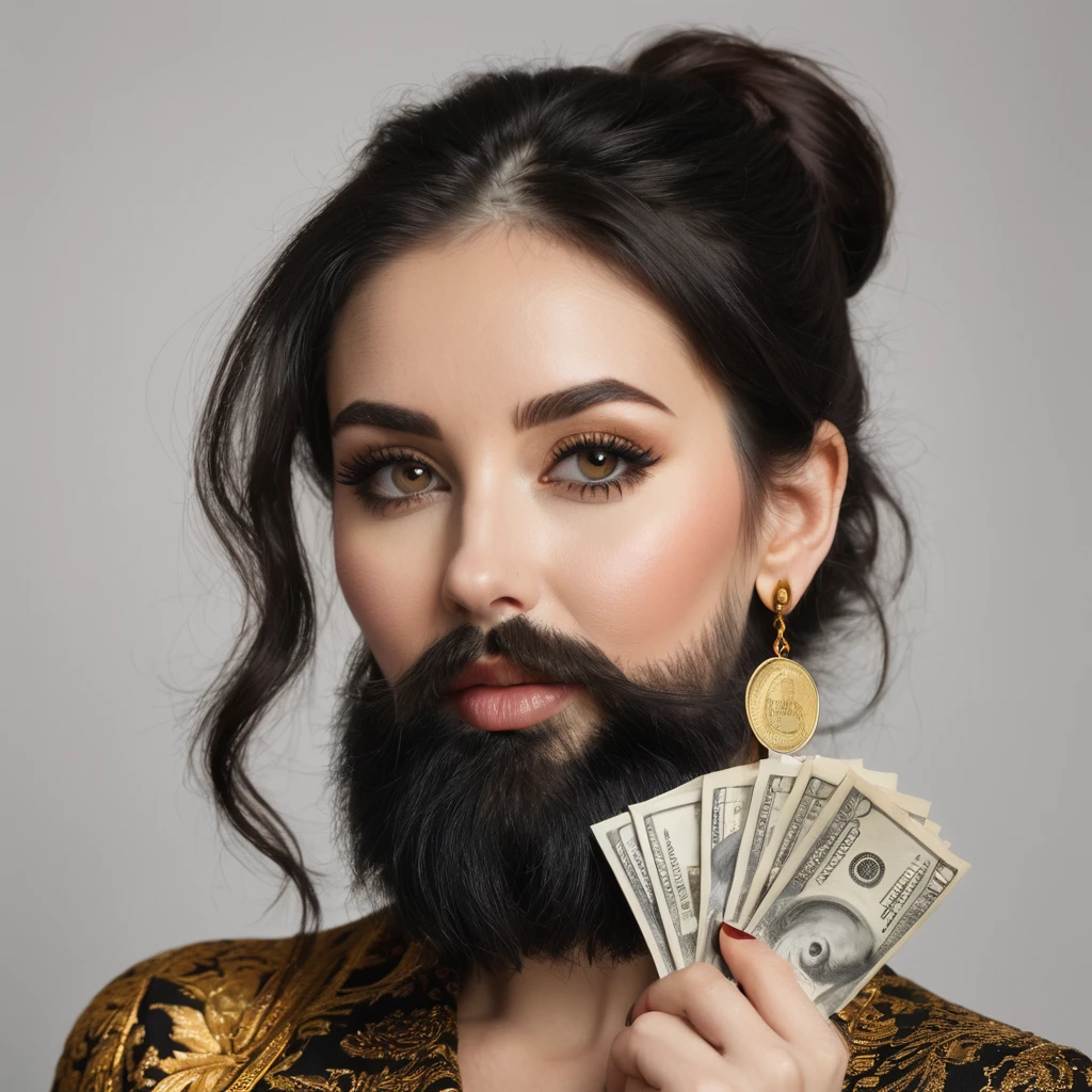 white woman bearded to the cheeks and hairy neck, big nose, makeup, black hair tied back, wears a huge shaggy beard, thick and well-groomed, black eyes, seductive and proud look, large golden earrings, holds banknotes of dollars