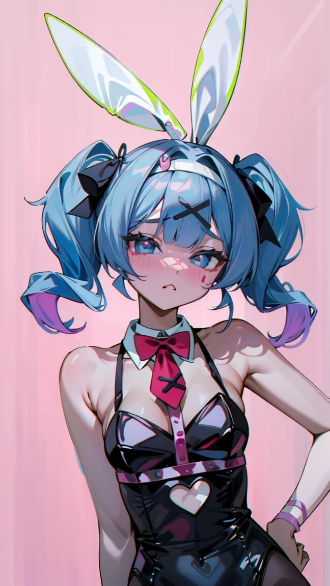 hatsune miku, hair ornament, blue hair, rabbit ears, playboy bunny, twintails, bangs, leotard, blue eyes, x hair ornament, detached collar, pink background, simple background,, (masterpiece, best quality, high quality, highres, ultra-detailed),((다리꼬기)), 