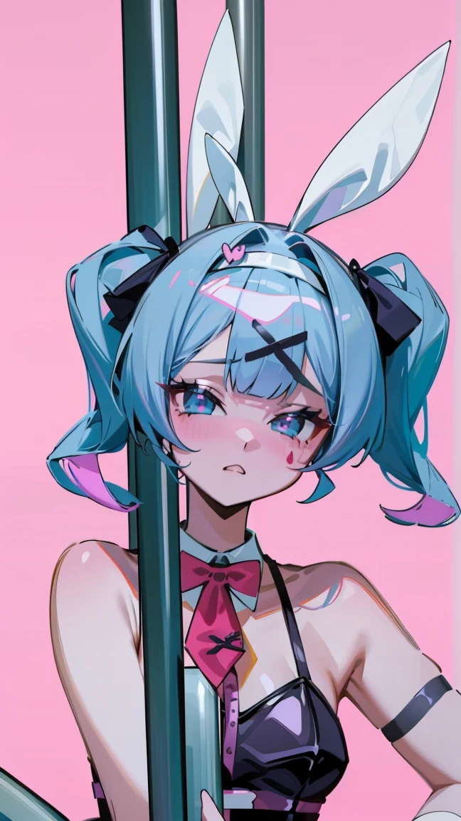 hatsune miku, hair ornament, blue hair, rabbit ears, playboy bunny, twintails, bangs, leotard, blue eyes, x hair ornament, detached collar, pink background, simple background,, (masterpiece, best quality, high quality, highres, ultra-detailed),((다리꼬기)), 