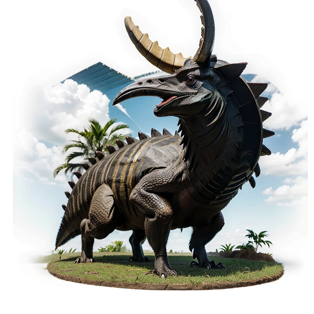 Big Animaly, has grees stripes on his skin, golden eyes, cassowary mixed with stegosaurus, Grassroots, no background