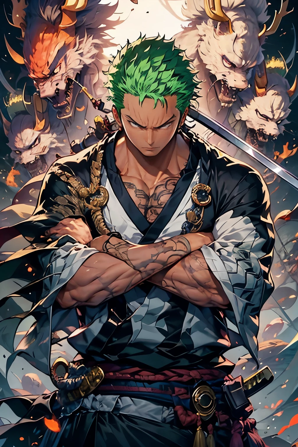 Zoro, standing alone, Looking at Viewer, sorrido, short hair, Eyes red, 1st grade, holding, jewelries, upperbody, missiles, male focus, aretes, Japanese clothing, green haired, antlers, elsword, kimono, segurando missiles, from sideways, tatoo, Ablaze, cicatriz, segurando elsword, katana, scar on the face, scar on eye, Detailed muscle physique, photorealistic representation, 4k resolution. Background Story: Martial arts dojo,UHD 32k, best qualityer, master part, super detaill, High details, ((strong man)).