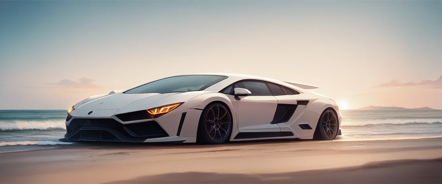 An image of a Lamborghini on the beach on the street near a beach with the buildings behind the Lamborghini facing the front of the photo and the photo