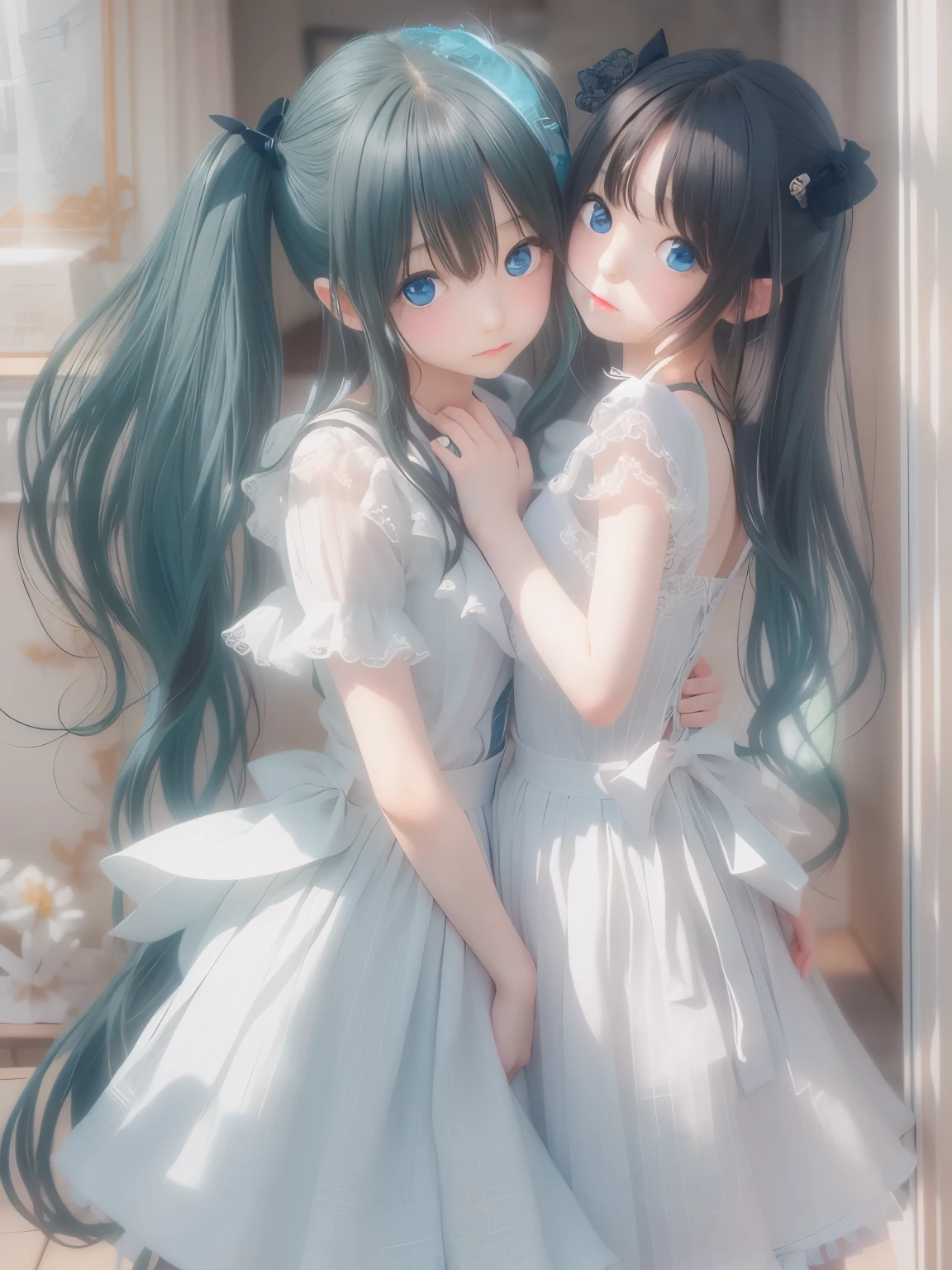 Innocence, Dark green hair, Twin tails, Put your arms behind your back, White Dress, Black waist tie, girl,blue eyes,