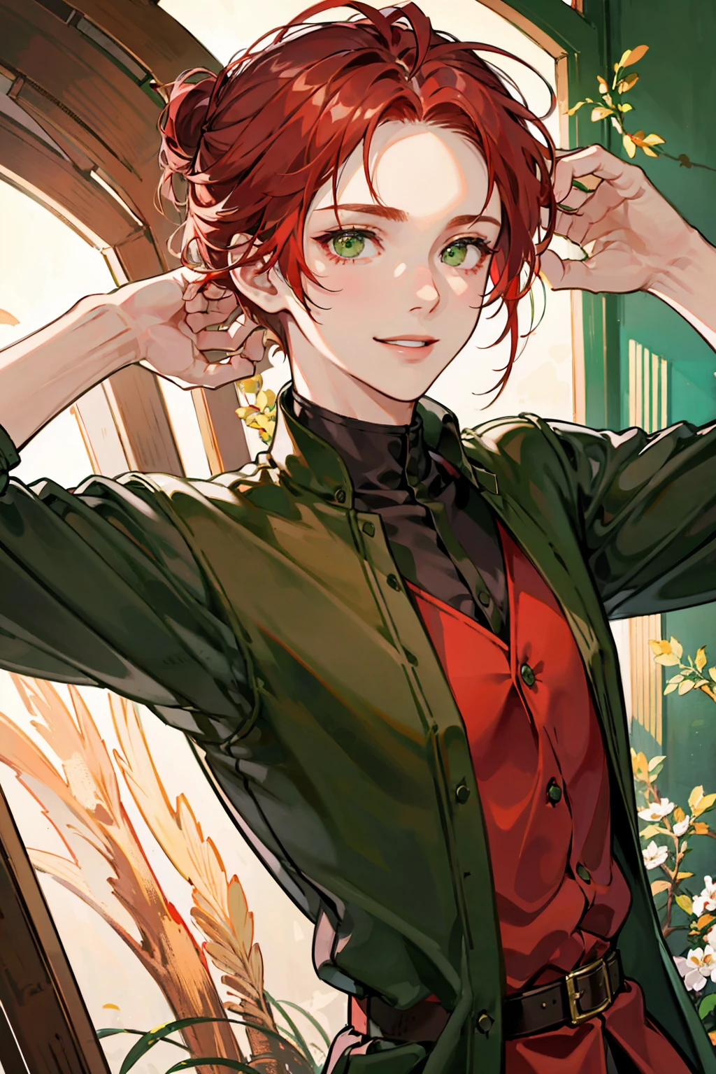 Red-haired man, with olive green eyes, short hair, putting hair up with his hands, smiling, very handsome, cinematic lighting, looking at the viewer, close up shots