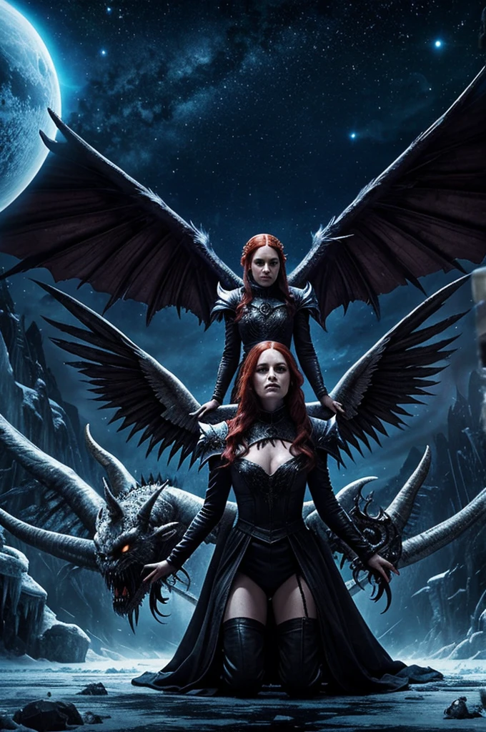 planet of horror, with witches kneeling under the wings of a demon of ice and fire